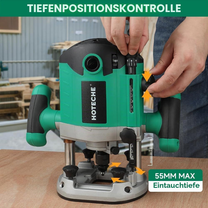 Hoteche 2100W 12MM Oberfräse, 8000-23500 U/min, 55MM Arbeitstiefe, Aluminium-Grundplatte, inkl. Zube