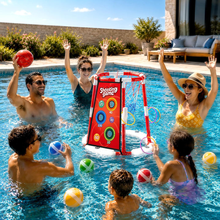 3-In-1 Pool Basketballkorb Outdoor, Schwimmender Basketballkorb, Pool Spielzeug Mit 4 Basketbälle,12