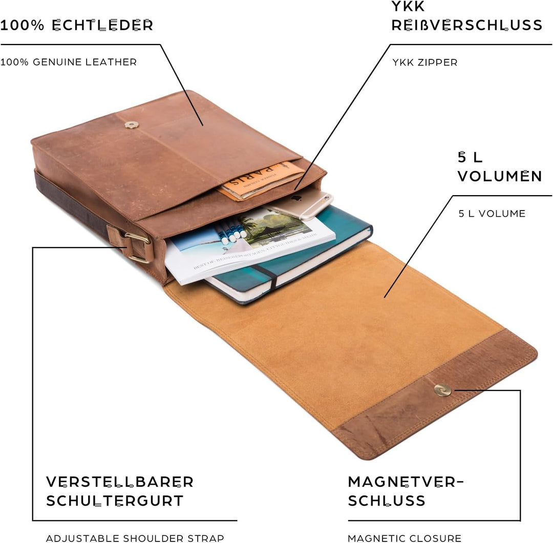 LEABAGS Leder Umhängetasche Herren & Damen I Messenger Bag mit Schultergurt I Schultertasche I Arbei