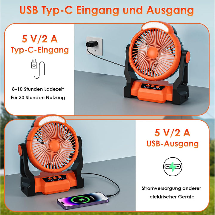 Dreamhigh® 15000mAh Akku Ventilator mit LED Lampe, Tragbarer Camping Ventilator, 3 Geschwindigkeiten