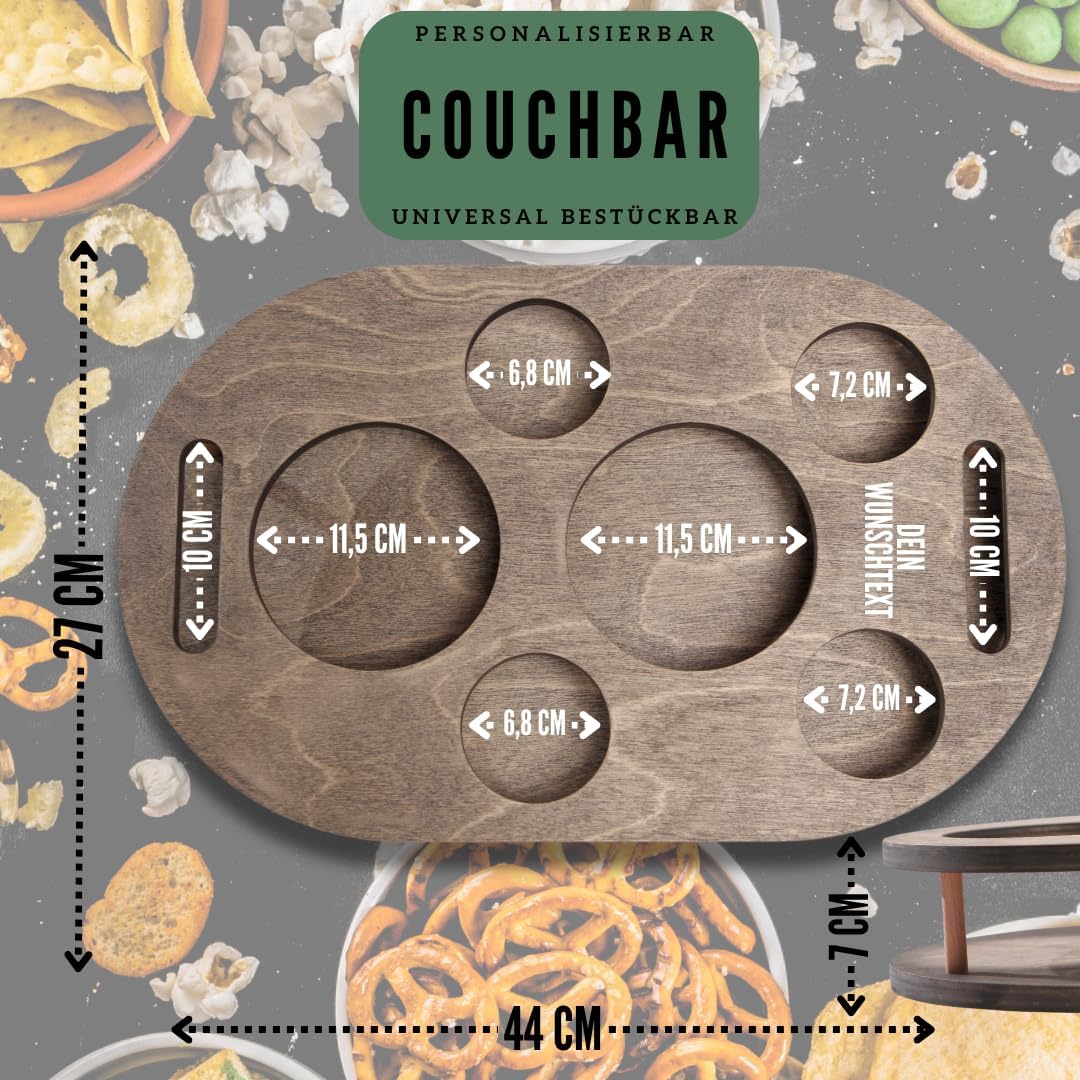 Couchbar Snackbox in grau mit 4 Glasschalen - Sofabar für Snacks und Getränke - Couchtabletts mit Ge