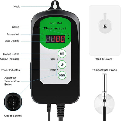 RIOGOO Digitaler Heizmattenthermostatregler für Samenkeimung, Reptilien und Brauen 68-108 ℉ thermost