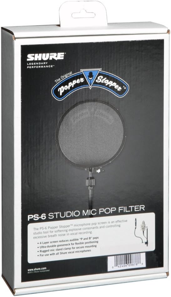 Shure PS-6 Pop-Filter, vierlagig, 15 cm Durchmesser, frei einstellbarer Schwanenhals Einzelbett, Ein