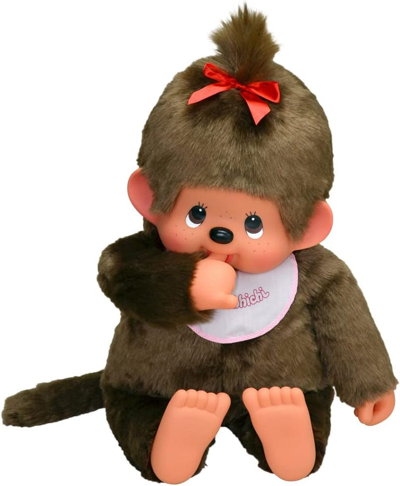 Sekiguchi 255630 - Original Monchhichi Mädchen, Plüschtier mit weiss-pinkem Lätzchen und roter Schle