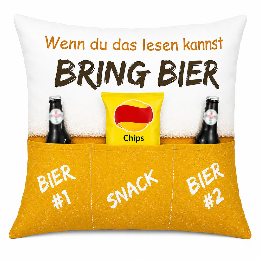KAMACA Bierkissen mit 3 Taschen 43x43 cm – Flauschig gefülltes Kissen mit Spruch „Bring Bier“ – Lust