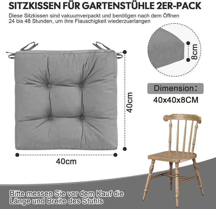 2er Set Sitzkissen Outdoor wasserdicht 40x40x8 cm – UV-beständige Polster für Gartenstühle, Terrasse