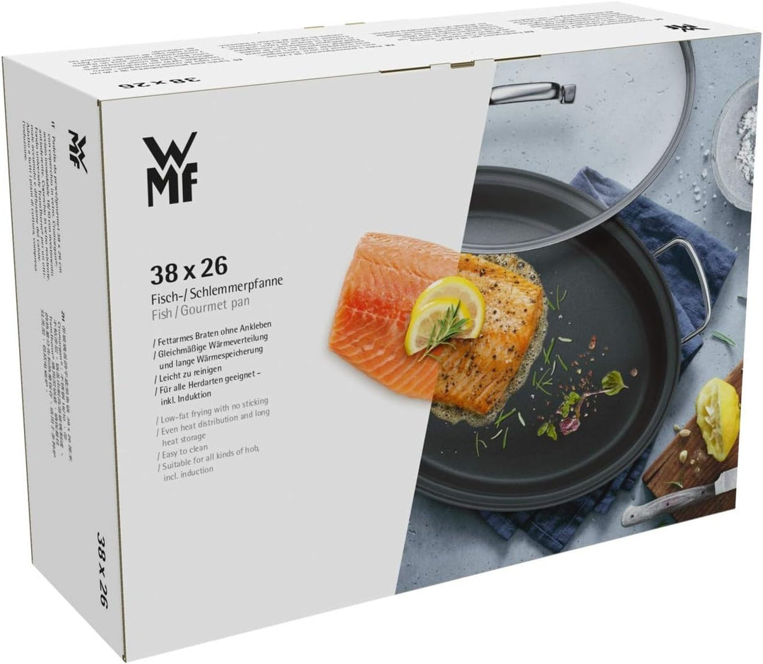 WMF Schmorpfanne/Fischpfanne oval 38 x 26 cm, mit Glasdeckel, Cromargan Edelstahl beschichtet, Induk
