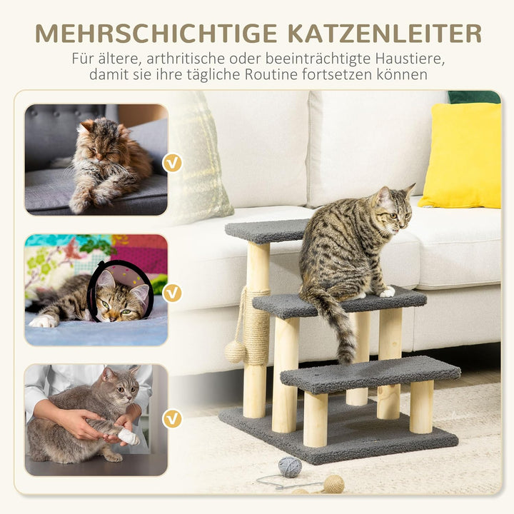 PawHut Katzentreppe 3-stufige Tiertreppe, 48 cm Haustiertreppe mit Sisalsäule, Hundetreppe mit Spiel