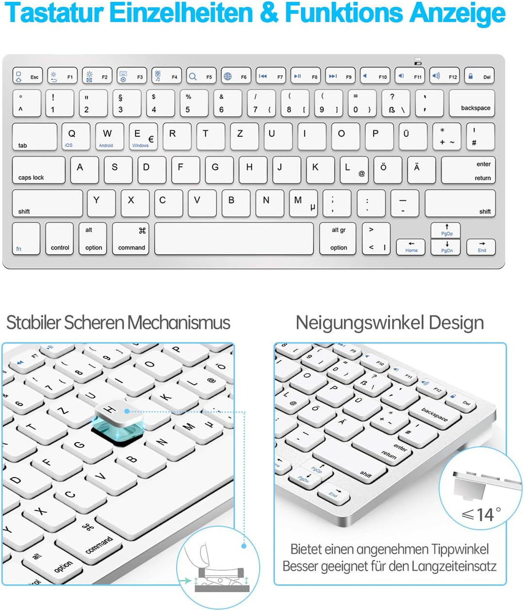 DE Layout Tastatur Maus Set Kabellos, Bluetooth Tastatur mit Maus für Tablet/iPad/Laptop/Phone, Komp