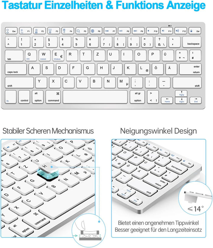DE Layout Tastatur Maus Set Kabellos, Bluetooth Tastatur mit Maus für Tablet/iPad/Laptop/Phone, Komp