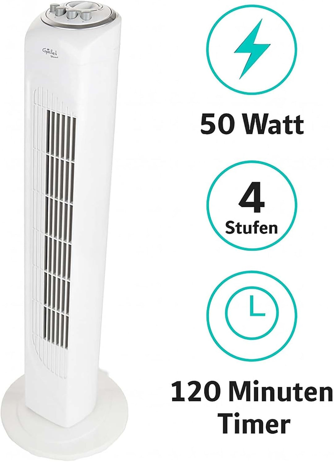 BURI Turmventilator | 74cm Höhe | 3 Geschwindigkeiten | Leise 54dB | Timer 120 Min | Oscillation | W