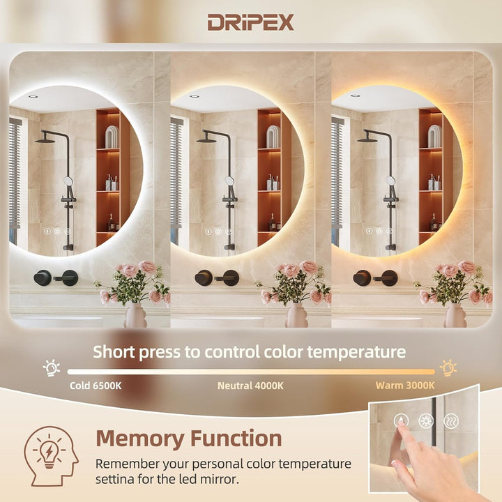 Dripex Badezimmerspiegel Led Badspiegel Rund, Touch-Schalter, Dimmbar, 3 Lichtfarbe Einstellbare Spi