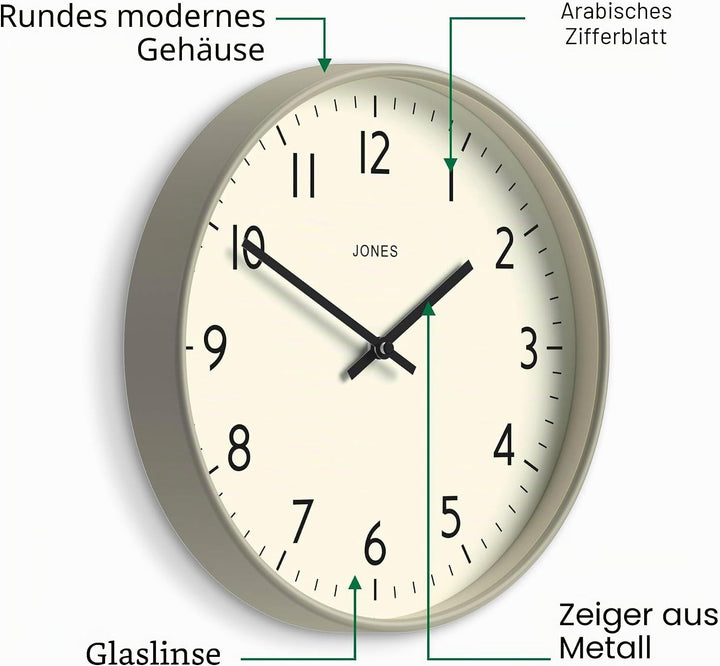 JONES CLOCKS® Studio Uhr | Moderne runde wanduhr | 30cm | Grau | Leicht lesbare Zahlen | Vielseitige