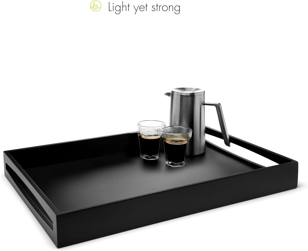 Schwarzes Holz-Servier-Tablett 55 x 40 cm - grosses eckiges Frühstückstablett mit hohem Rand und 2 G