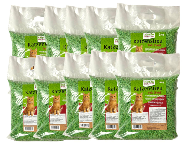 Tofu Katzenstreu 30 kg (10 Säcke je 3 kg), 80 L– 100% natürlich &amp; biologisch abbaubar – Ultra saugst