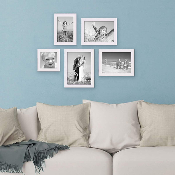 PHOTOLINI Bilderrahmen-Set Holz Weiss Landhaus-Stil, 5er Set Holz-Rahmen, Made in Germany, Echtglas,