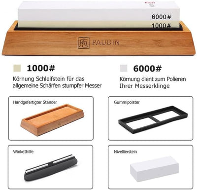 PAUDIN Premium Whetstone Messerschärfstein 2 Seiten Körnung 1000/6000 Wasserstein- Whetstone Messers