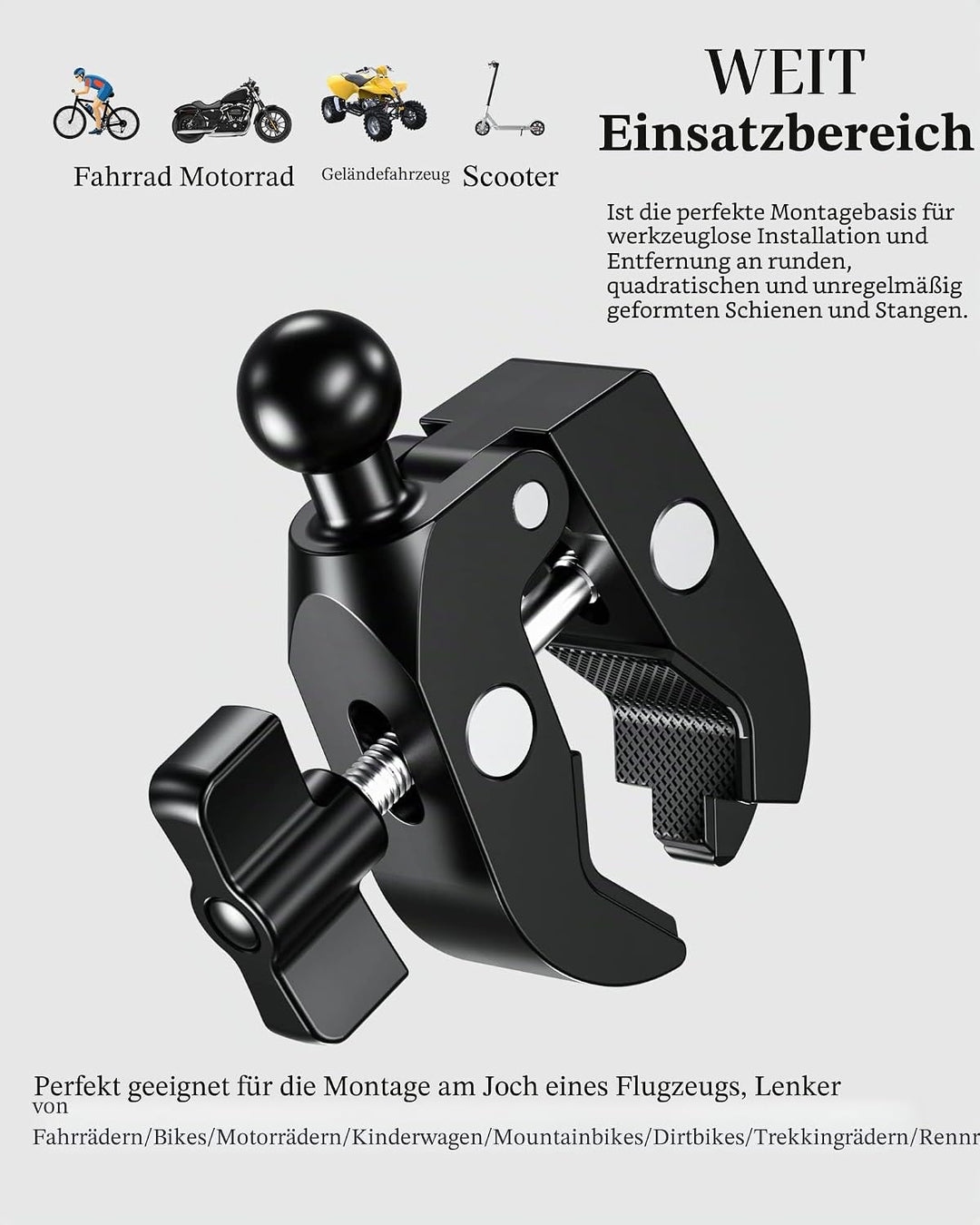 BRCOVAN Aluminiumlegierung Lenkerklemmbasis mit 17mm TPU Kugel für Schienen mit Einem Durchmesser vo