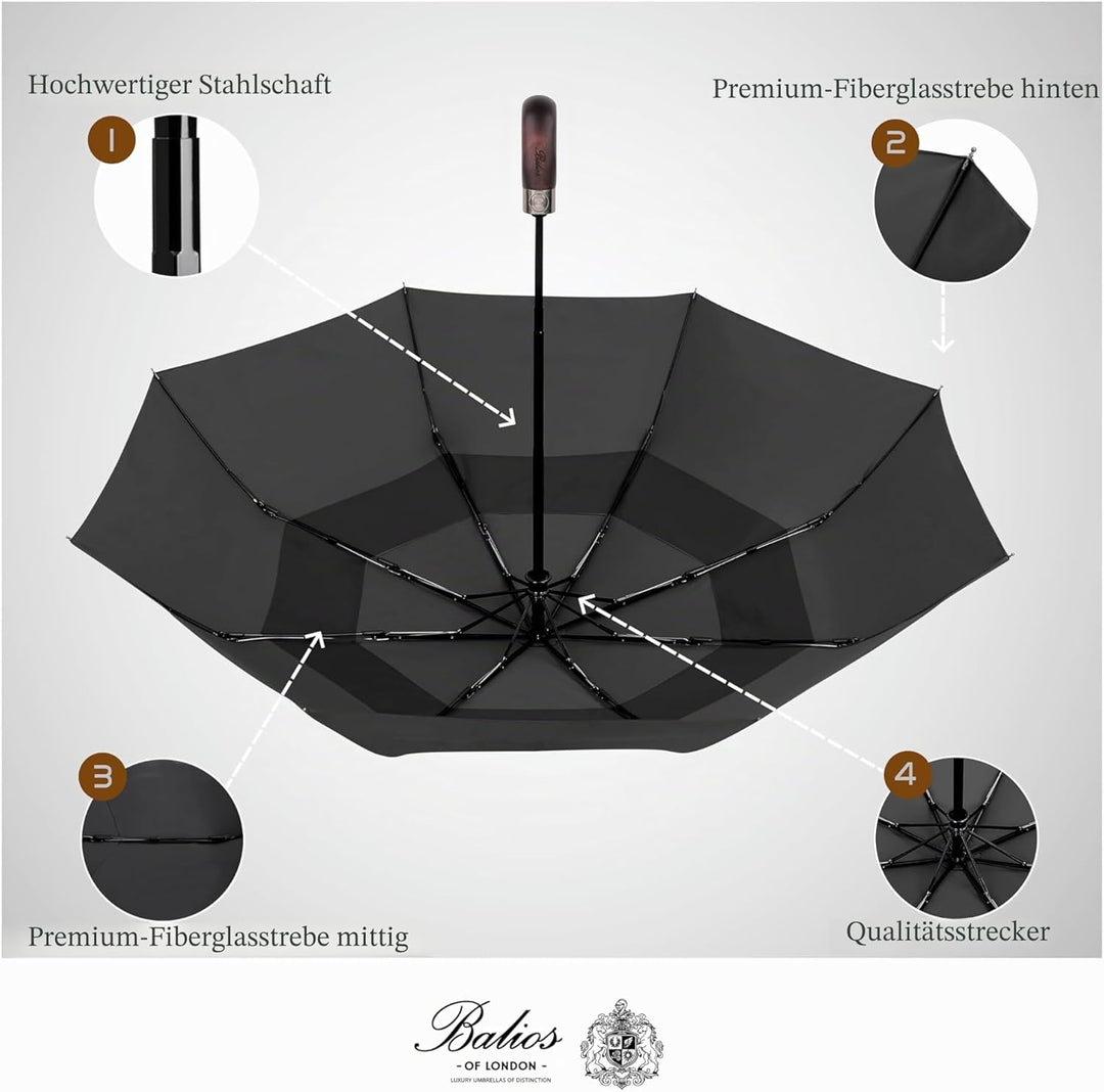 Balios® Regenschirm Mit Echtem Holzgriff -Optional | Auf Zu Automatik | Sturmfest & Windsicher | Tas