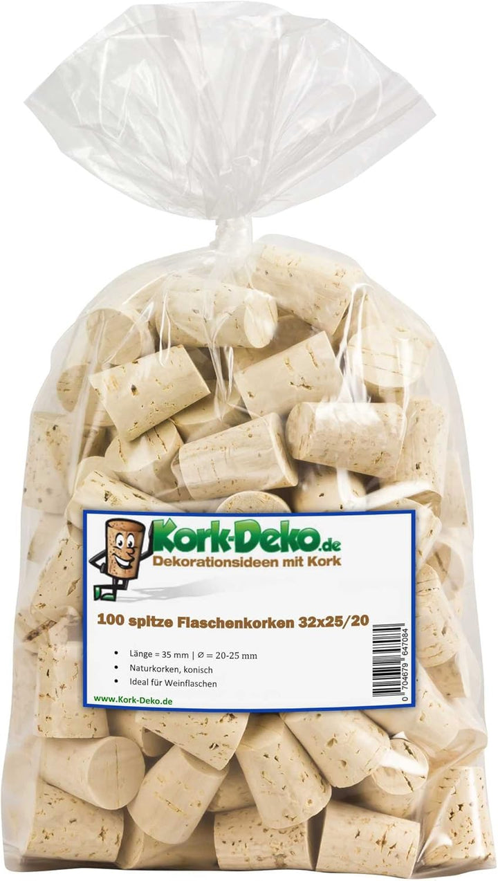 100 spitze Flaschenkorken 32x25/20 mm (Länge: 32 mm, Durchmesser: 20-25 mm, konisch). Naturkorken. V