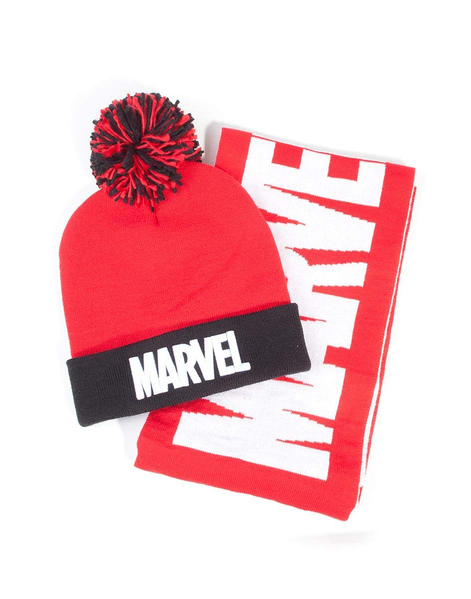 Marvel Unisex Comics Logo Bobble Beanie & Scarf Gift Mütze, Schal & Handschuh-Set, Rot (Red Red), On