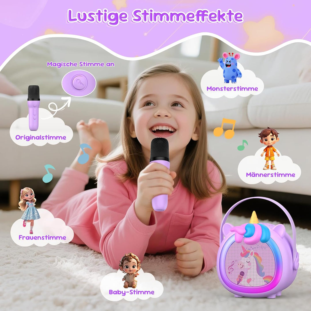 Kinder Karaoke Maschine mit 2 kabellosen Bluetooth Mikrofonen, Kompaktes Einhorn Musikspielzeug mit