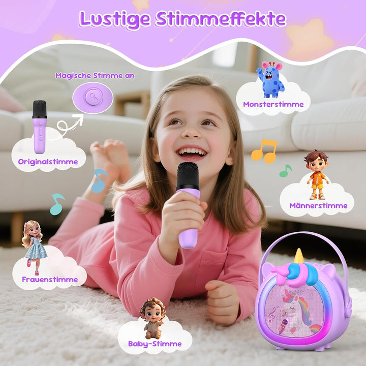 Kinder Karaoke Maschine mit 2 kabellosen Bluetooth Mikrofonen, Kompaktes Einhorn Musikspielzeug mit