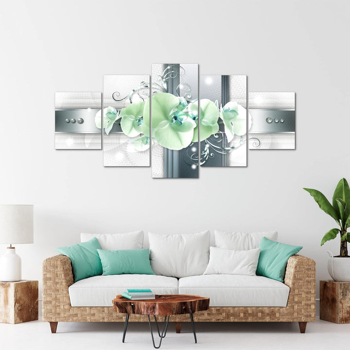 Runa Art - Bilder Blumen Orchidee 200 x 100 cm 5 Teilig XXL Wanddekoration Design Grau Türkis 008351