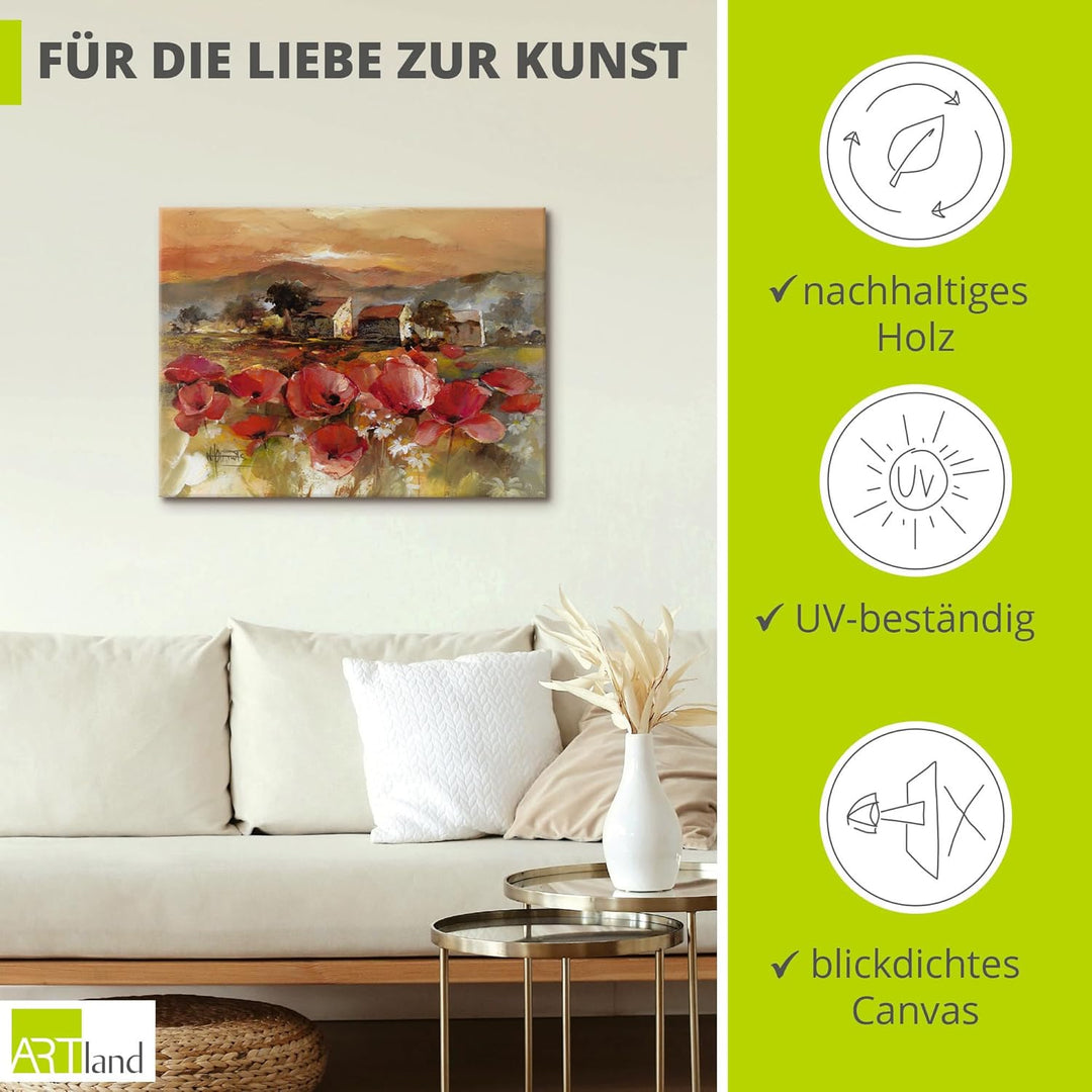 ARTland Leinwandbilder Wandbild Bild auf Leinwand 60x45 cm Wanddeko Toskana Landschaft Italien Mohnb