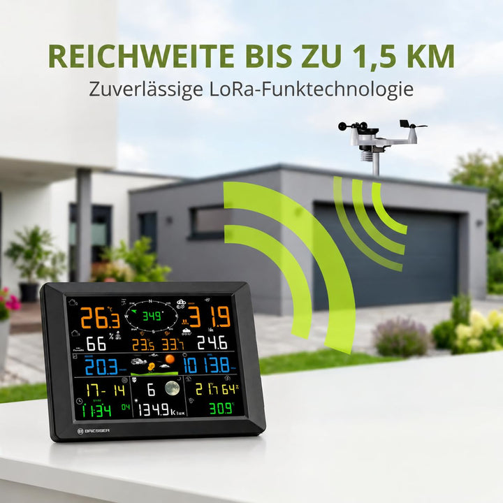 Bresser Wetterstation 1,5km Reichweite, WLAN, 7-in-1 Aussensensor, Solar, UV, Wind, Regen, WLAN Uplo