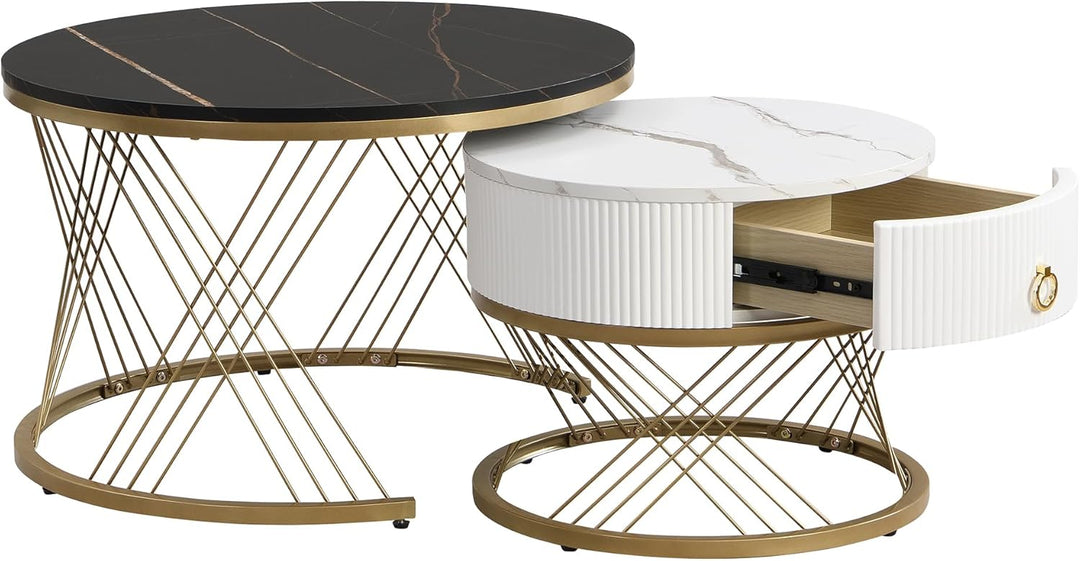 Merax Couchtisch 2er-Set, 70x70 cm+50x50 cm, Marmoroptik mit Golddekor, Beistelltisch mit Schubladen