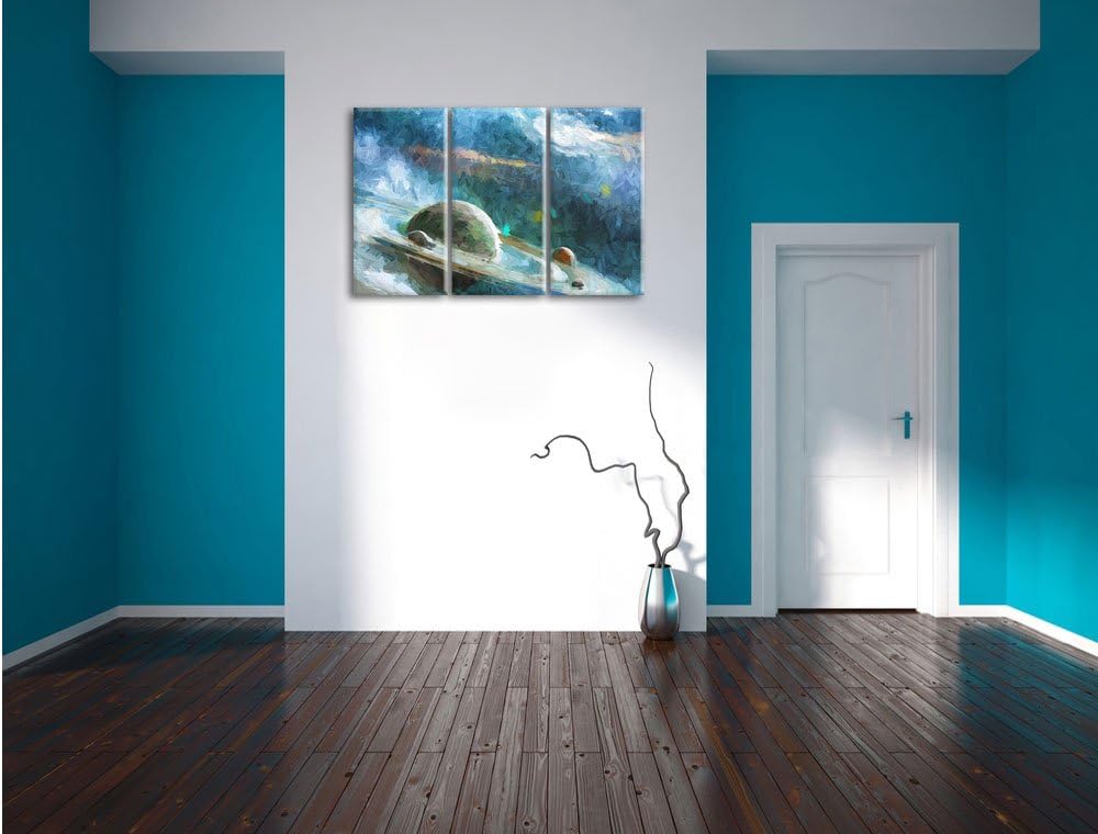 Pixxprint Planet mit Ringsystem / 3-Teilig/Gesamtmass 120cm Leinwandbild bespannt auf Holzrahmen/Wan