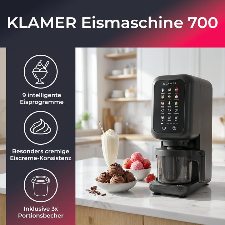 KLAMER Eismaschine, 12 Programme für Eiscreme, Gelato, Sorbet, Frozen Yogurt, Slushie & Milkshake, M