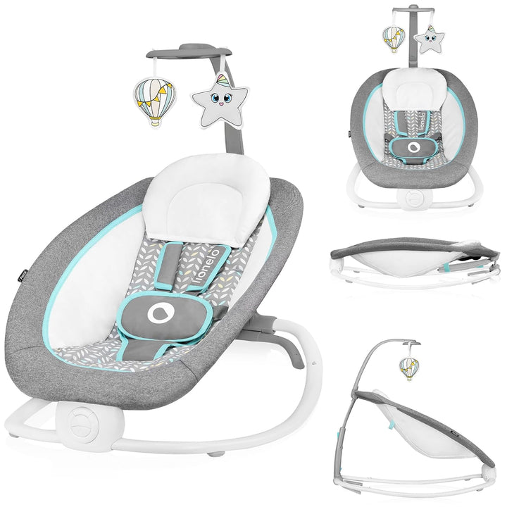 LIONELO Pascal Baby Wippe, sanfte Vibrationen, 5 Melodien, Spielzeugkarussell mit interaktiven Plüsc