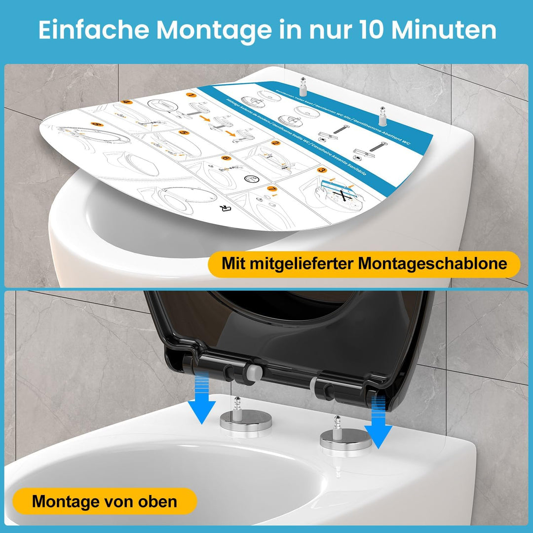 Toilettendeckel mit Absenkautomatik Oval, Schwarz, WC Sitz mit Schnellverschluss - Einfach zu Reinig