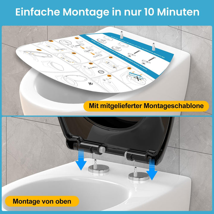 Toilettendeckel mit Absenkautomatik Oval, Schwarz, WC Sitz mit Schnellverschluss - Einfach zu Reinig