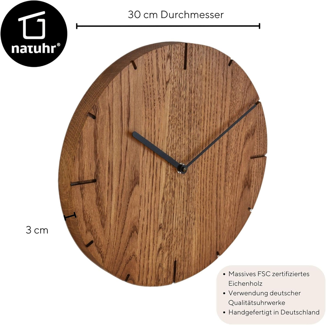 Natuhr Wanduhr Eiche rustikal Räuchereiche Holz Solide Massivholz, geräuscharmes U.T.S. Uhrwerk, pur