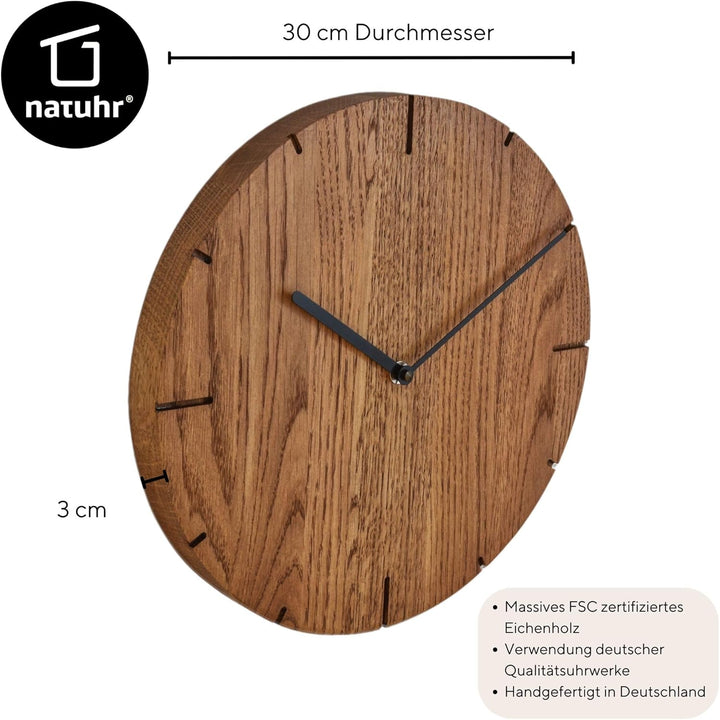 Natuhr Wanduhr Eiche rustikal Räuchereiche Holz Solide Massivholz, geräuscharmes U.T.S. Uhrwerk, pur