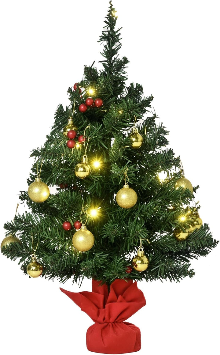HOMCOM Weihnachtsbaum Klein, Mini Christbaum mit Stechpalmenbeeren, 15 LED-Lichtern und Kugeln, Küns