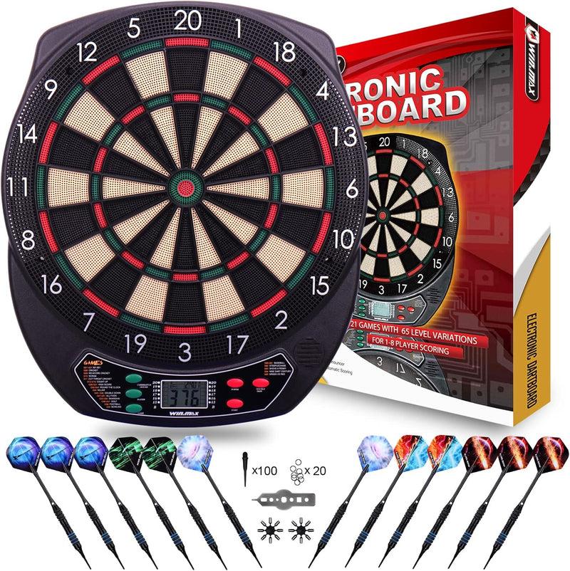 WIN.MAX Elektronische Dartscheibe Profi Set mit 65 Varianten für 1 bis 8 Spieler mit 12 Darts + 12 P