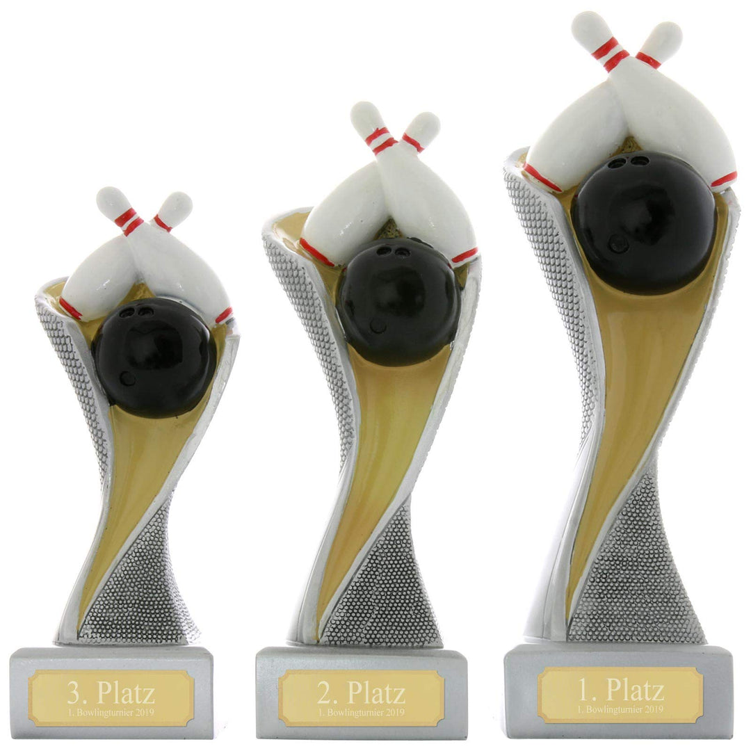Bowling Kegeln Pokal Pokalset METZ mit Gravurplatte und Gravur Set je 1x 14, 16,5 und 19 cm, Set je
