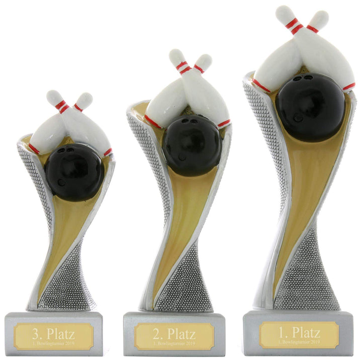 Bowling Kegeln Pokal Pokalset METZ mit Gravurplatte und Gravur Set je 1x 14, 16,5 und 19 cm, Set je