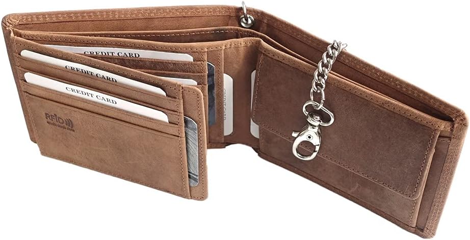 orso Bruno original Geldbörse braun mit Kette im schönen Büffel Leder Querformat Bikerbörse mit Kett