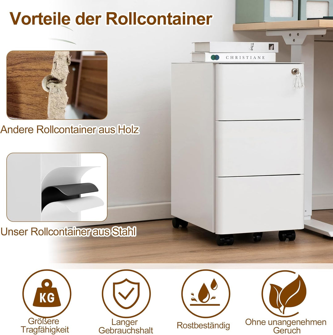 Rollcontainer, Mobiler Aktenschrank mit Schloss, Abgerundeten Ecken, 4 Schlüssel, 3 Schubladen, Druc