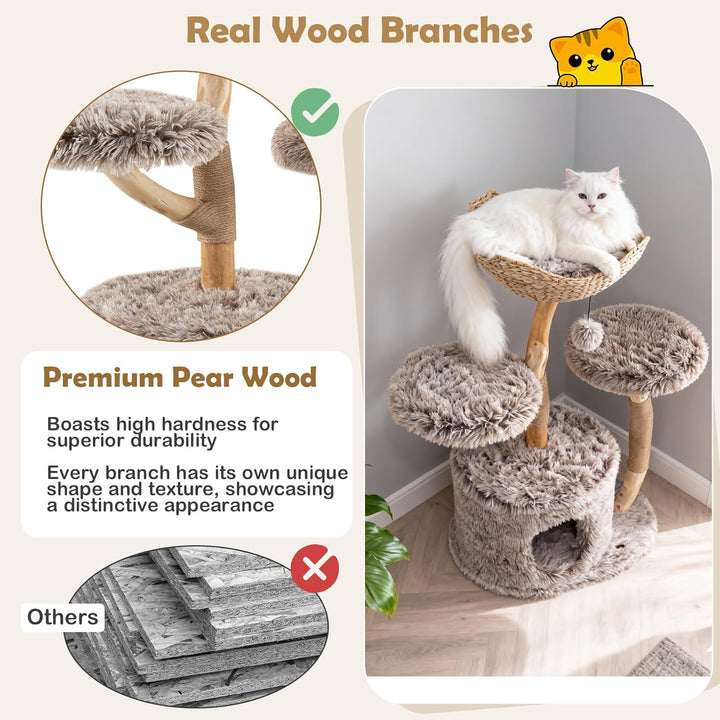 SOARS Kratzbaum Holz, 105 cm Katzenbaum mit Weidenkorb, Höhle, 2 Plattformen und Plüschball, Katzenk
