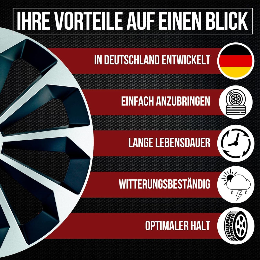 Albrecht 15 Zoll Radkappen Silber/schwarz für Stahlfelgen - Fame Radzierblenden aus hochwertigem Kun