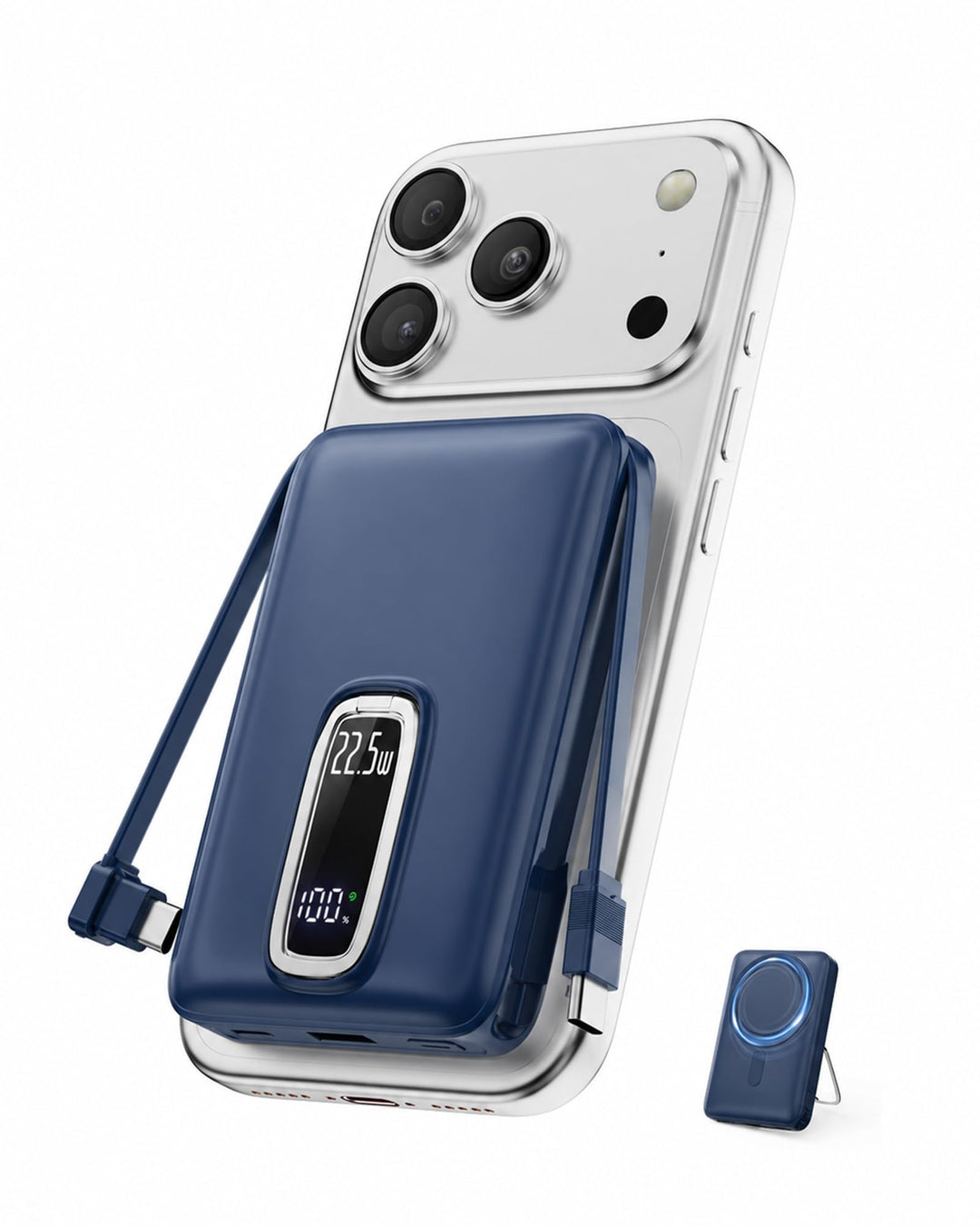 Magnetische Powerbank 10000mAh mit Ständer &amp; 22.5W Kabel für iPhone Blau Blau 10000.0 Milliamperestu