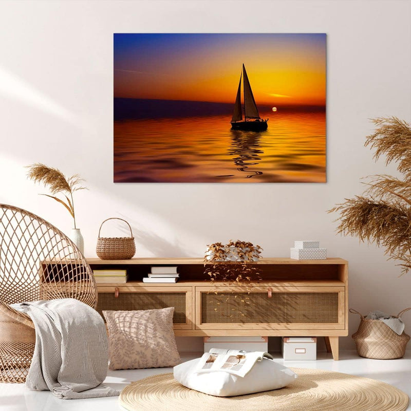 Bilder auf Leinwand 100x70cm Leinwandbild Boot Sonnenuntergang Landschaft Gross Wanddeko Bild Schlaf