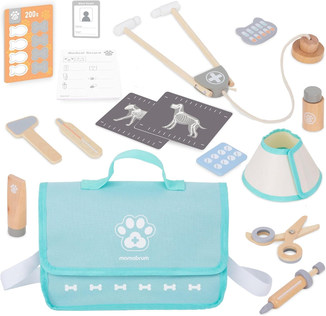 Mamabrum Holz Tierarzt Set für Kinder ab 3 Jahren - Kreatives Rollenspiel mit realistischem Zubehör