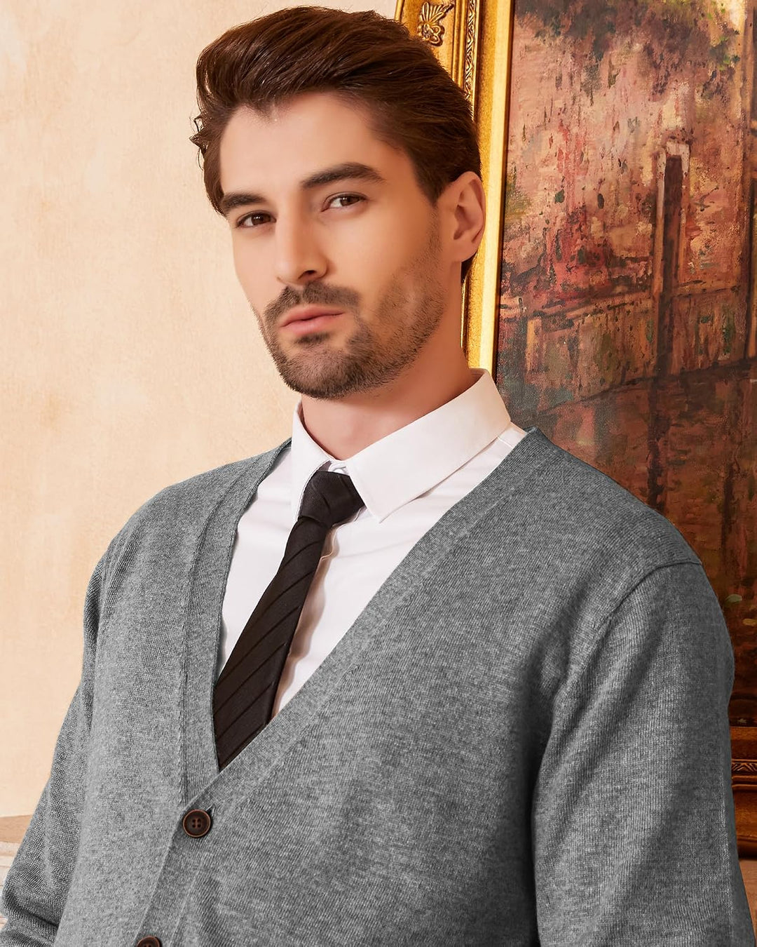 Kallspin Herren Strickjacke aus Wollmischung V-Ausschnitt Cardigan mit Knopfverschluss und Taschen H